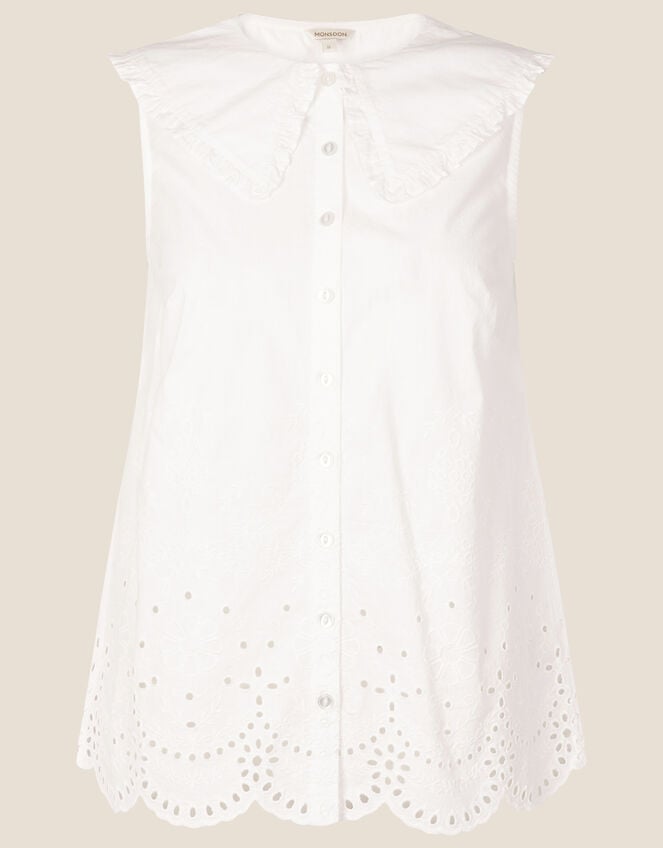 Sleeveless Broderie Blouse, White (WHITE), large
