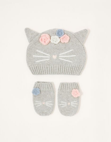 Baby Luna Kitty Beanie and Mitten Set Grey, Grey (GREY), large