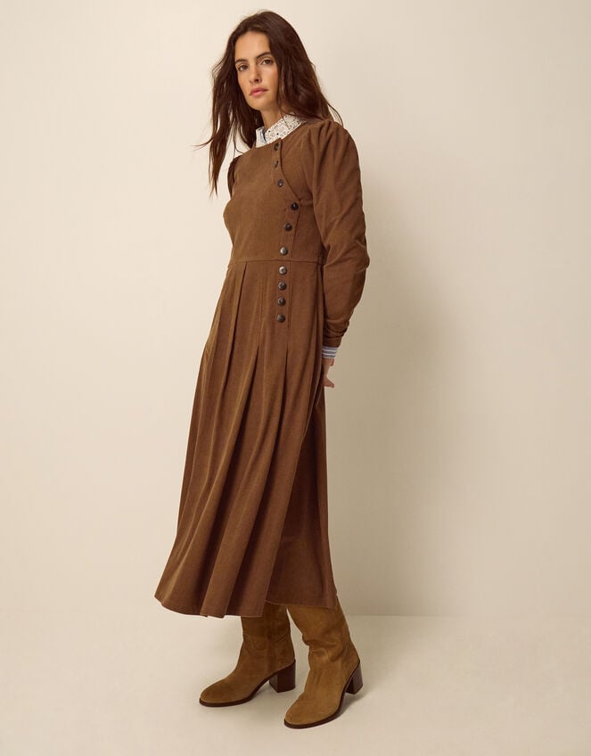 Silvia Button Stretch Corduroy Midi Dress, Tan (TAN), large