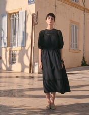Odilia Broderie Puff-Sleeve Midi Dress, Black (BLACK), large