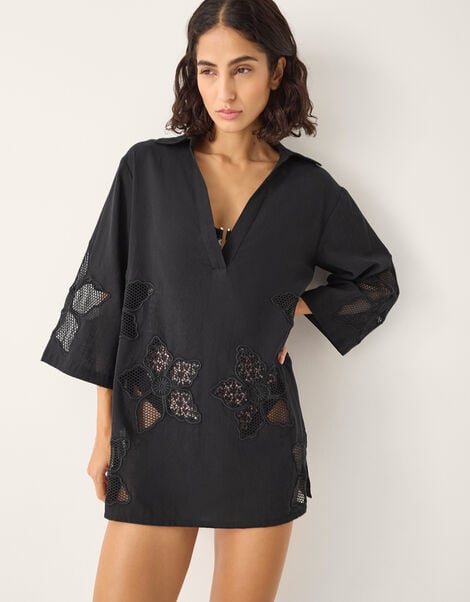 Joanna Cutwork Beach Shirt, Black (BLACK), large