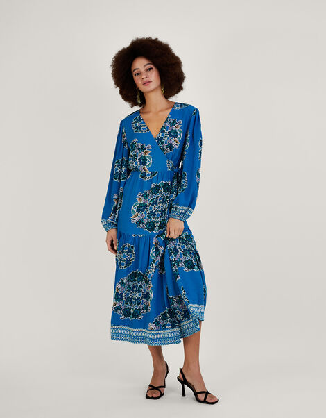 Thea Print Wrap Dress in Sustainable Viscose, Blue (COBALT), large