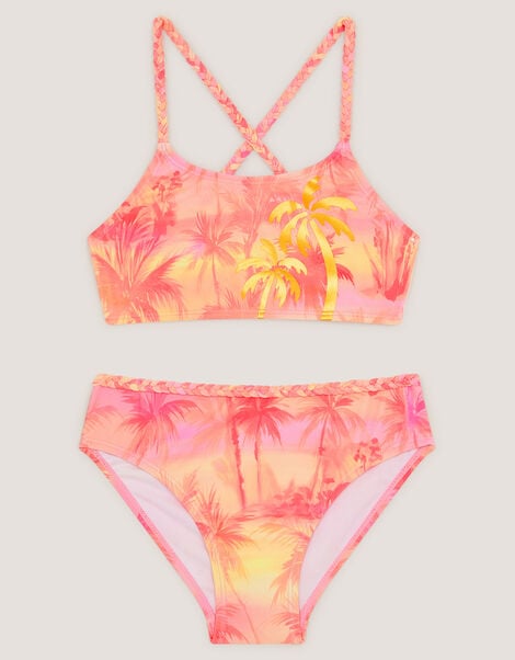 Palm Print Braided Bikini Set, Orange (ORANGE), large