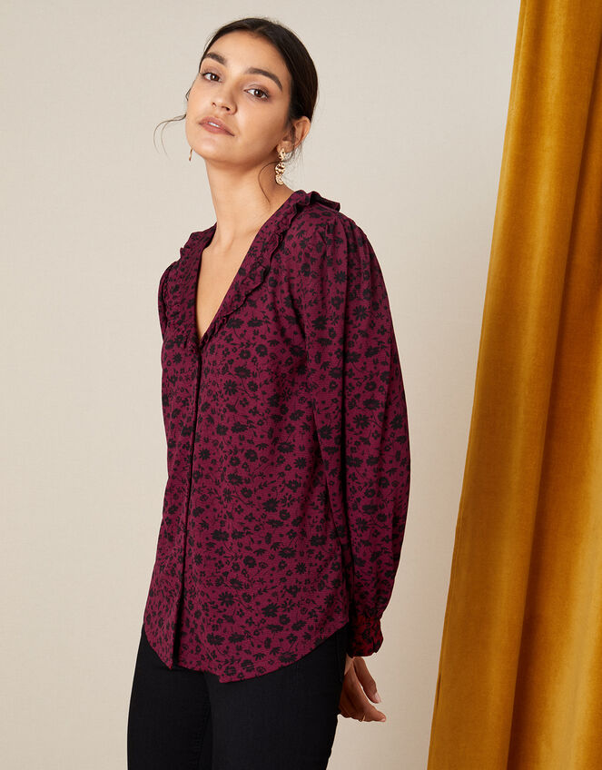 Lizabeth Floral Print Collar Top, Red (BURGUNDY), large