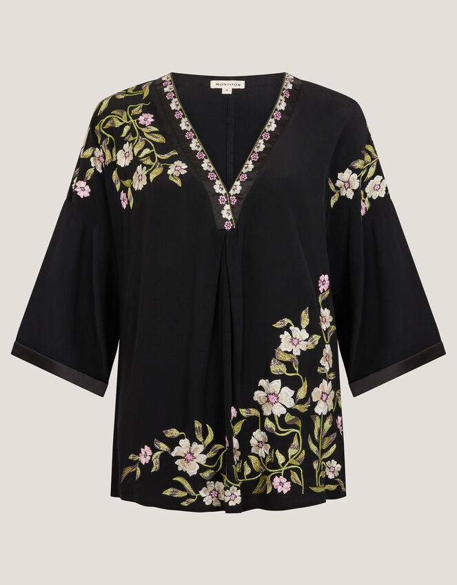 Alison V-Neck Floral Embroidered Top, Black (BLACK), large