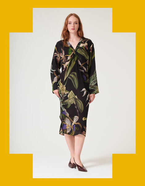 One Hundred Stars Orchid Crepe Midi Dress, Black (BLACK), large