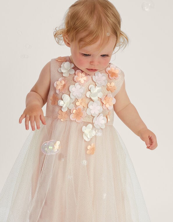 Baby Darcie 3D Flower Glitter Tulle Dress, Gold (GOLD), large