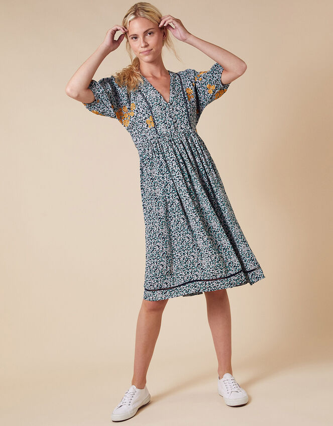 Ditsy Floral Embroidered Shirt Dress in Sustainable Viscose, Ivory (IVORY), large
