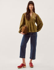 Fabia Embroidered Blouson Blouse, Green (KHAKI), large