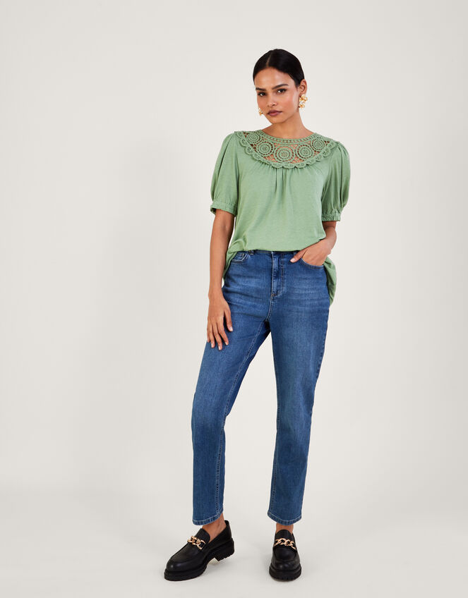 Crochet Frill Sleeve Top in Linen Blend, Green (KHAKI), large
