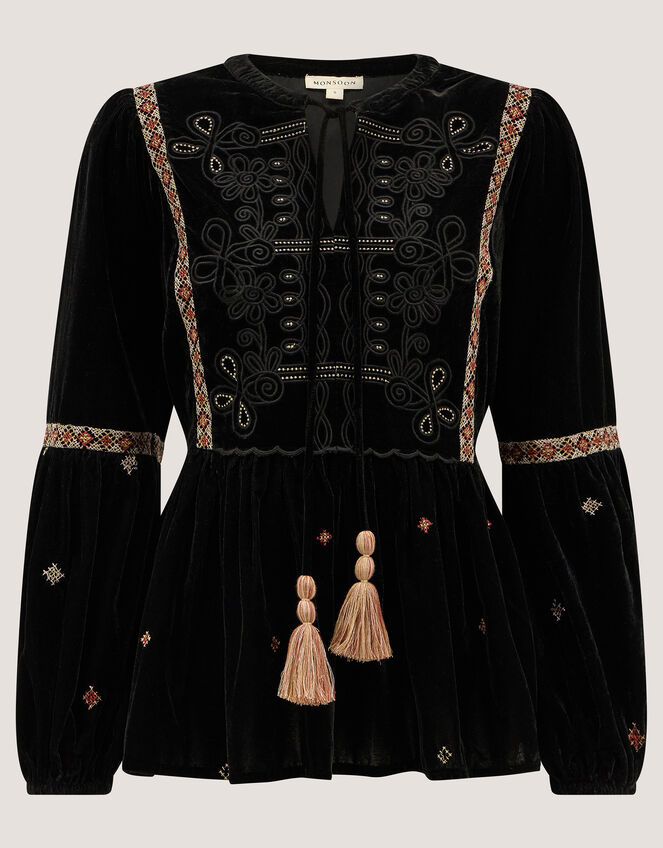 Noni Embroidered Velvet Long Sleeve Top , Black (BLACK), large