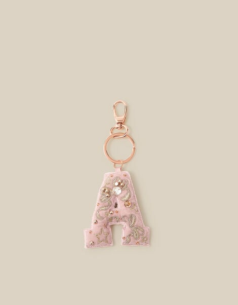 Embellished Velvet Initial Bag Charm, Pink (PINK), large