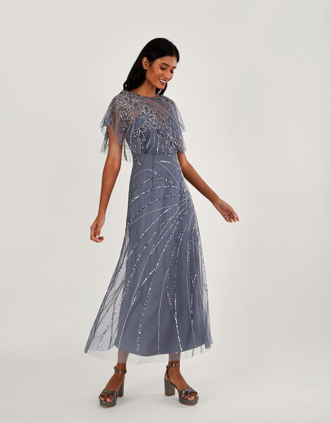 Sienna Embroidered Shorter Length Maxi Dress Blue, Blue (DARK BLUE), large