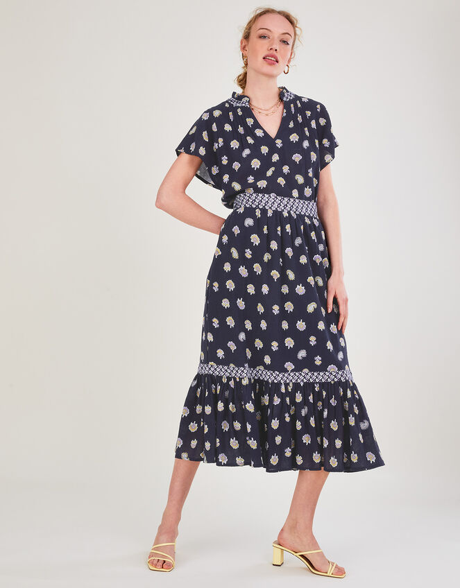 Floral Print Midi Skirt in Sustainable Cotton, Blue (NAVY), large