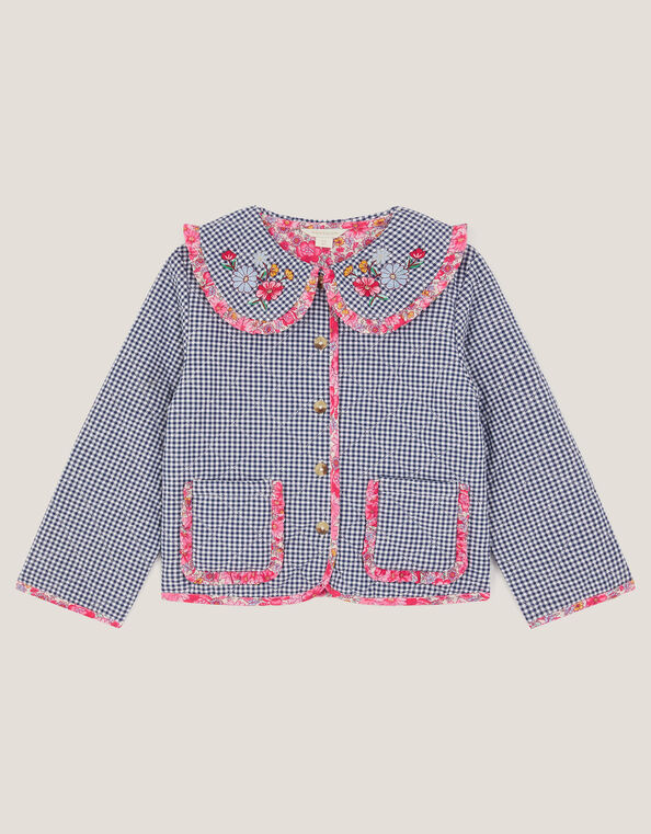 Floral Print Gingham Jacket, Blue (NAVY), large