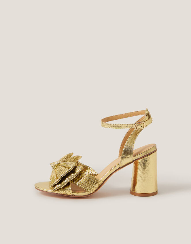 Metallic Bow Block Heel Sandals, Gold (GOLD), large