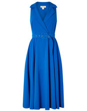 Isla Structured Midi Dress with Belt, Blue (BLUE), large