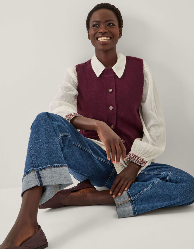 Brooke Button Knitted Vest, Red (BURGUNDY), large