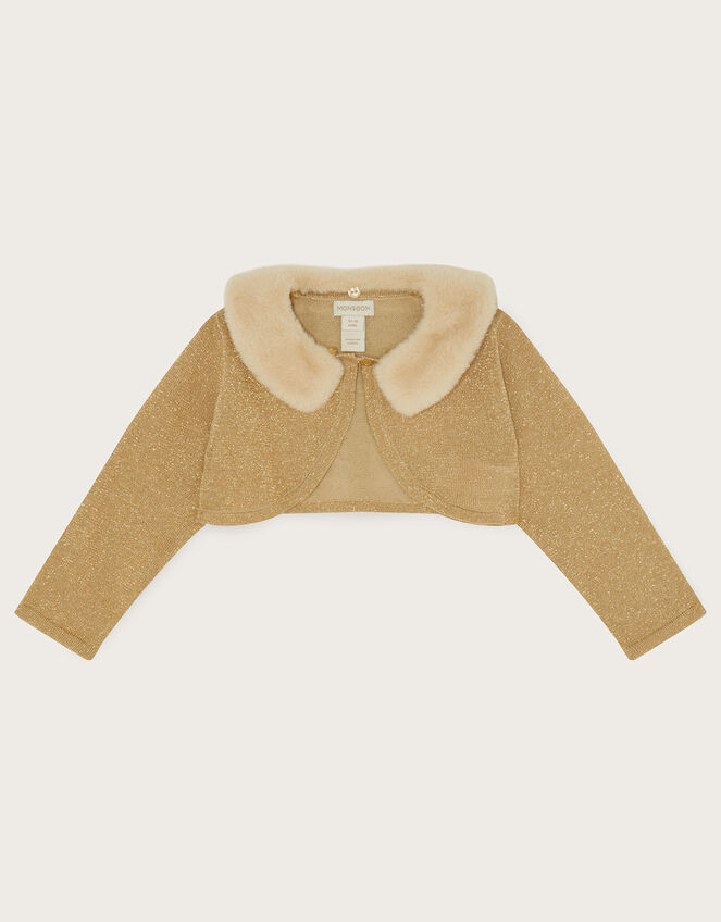 Baby Faux Fur Collar Cardigan, Gold (GOLD), large