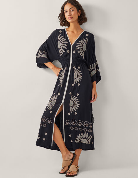 Sophia Embroidered Kaftan Maxi Dress, Black (BLACK), large