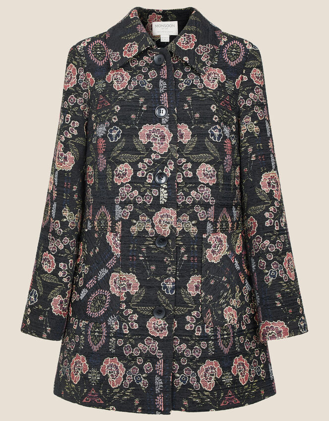 Jackie Floral Jacquard Coat, Black (BLACK), large