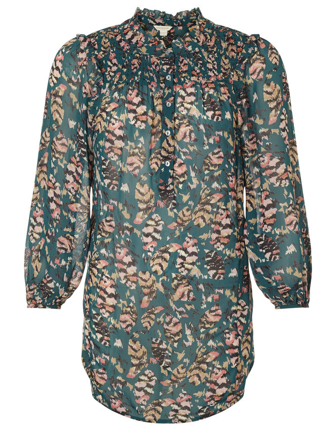Feather Print Blouse in Sustainable Viscose, Green (DARK GREEN), large