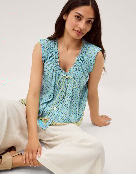 Millie Print Frill Top, Blue (PALE BLUE), large