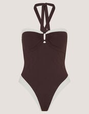 Saylor Halter Neck Two Tone Swimsuit, Brown (BROWN), large