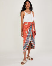 Print Wrap Skirt in Sustainable Linen, Orange (ORANGE), large