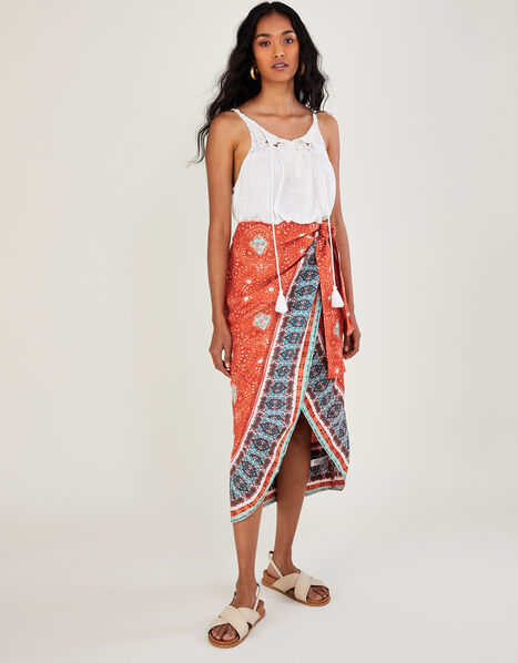 Print Wrap Skirt in Sustainable Linen Orange, Orange (ORANGE), large