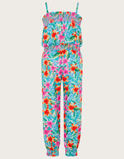 Tropical Shirred Jumpsuit in Recycled Polyester, Green (GREEN), large