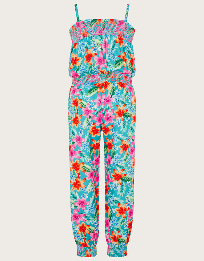 Tropical Shirred Jumpsuit in Recycled Polyester, Green (GREEN), large