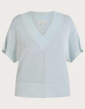 Loose V-Neck Metallic Short Sleeve Jumper, Blue (BLUE), large