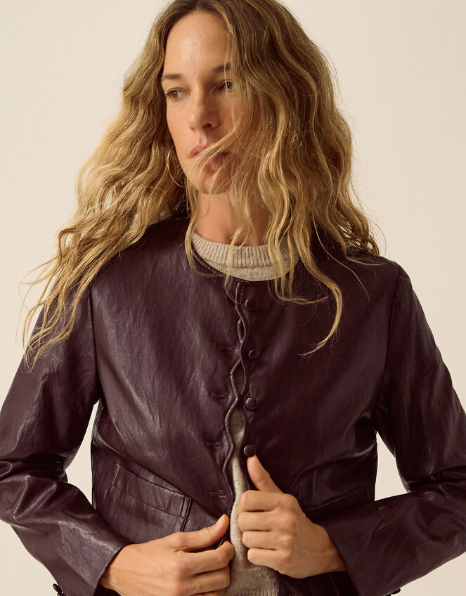 Penelope Scallop Faux Leather Jacket, Brown (CHOCOLATE), large