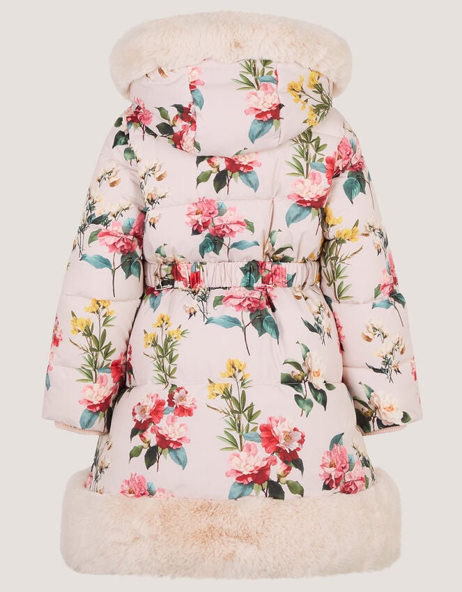 Botanical Print Faux Fur Hood Coat, Cream (CREAM), large