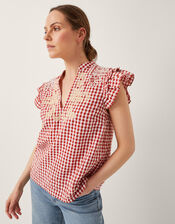 Greta Embroidered Gingham Top, Red (RED), large