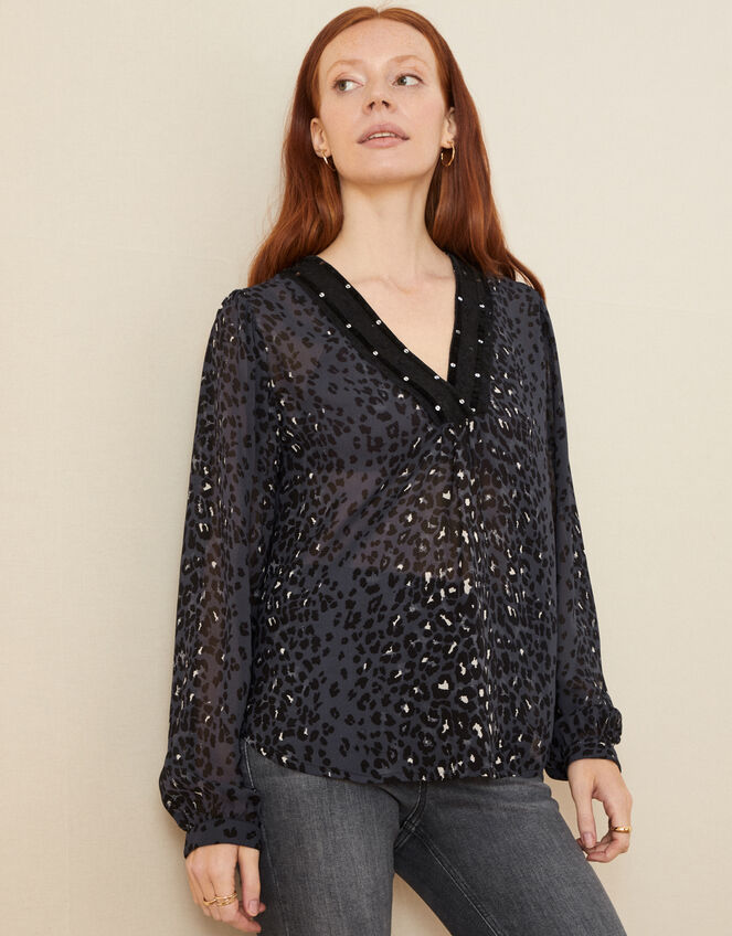 Luna Animal Print Blouse, Grey (CHARCOAL), large