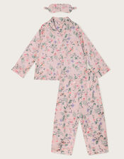 Satin Azalea Floral Print Long Pyjamas and Eye Mask Set, Pink (PINK), large