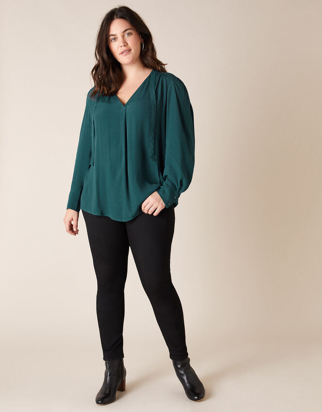 Tie Front Blouse with LENZING™ ECOVERO™, Green (DARK GREEN), large