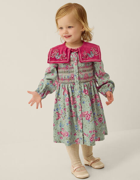 Baby Floral Print Velvet Collar Dress, Green (GREEN), large