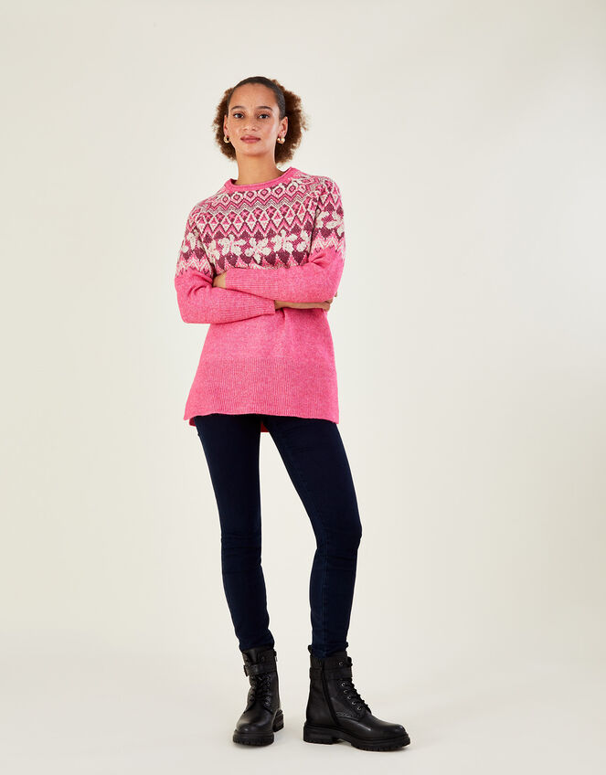 Fair Isle Longline Jumper with Recycled Polyester, Pink (PINK), large