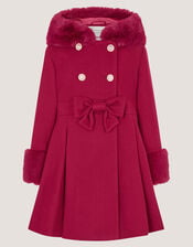 Faux Fur Hood Bow Coat, Red (BURGUNDY), large