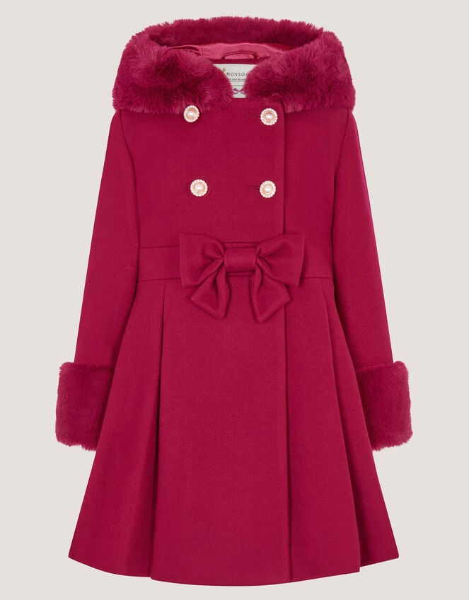 Faux Fur Hood Bow Coat, Red (BURGUNDY), large