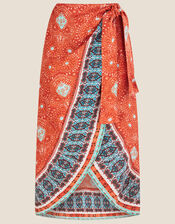 Print Wrap Skirt in Sustainable Linen, Orange (ORANGE), large