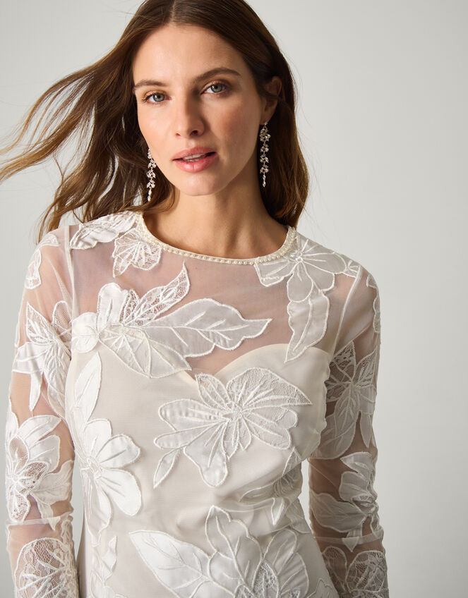 Milena Long Sleeve Floral Embroidered Mesh Wedding Dress, Ivory (IVORY), large