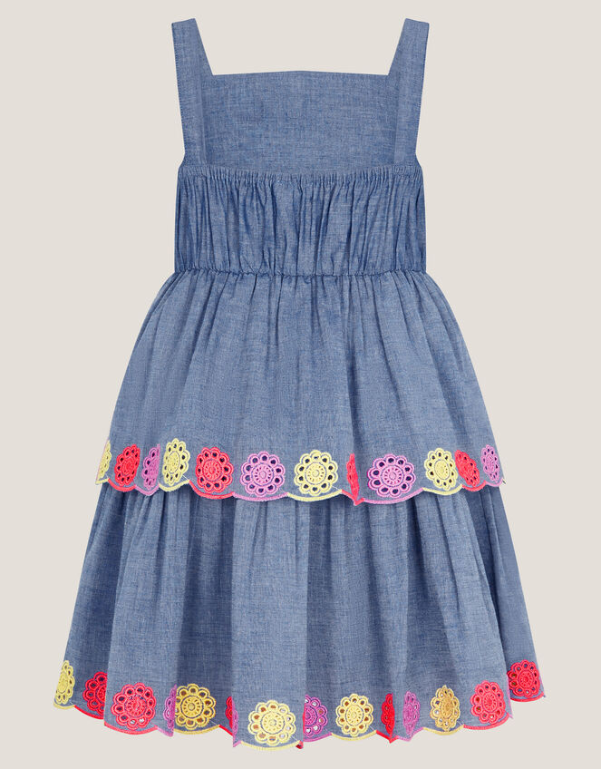 Chambray Broderie Tiered Dress, Blue (BLUE), large