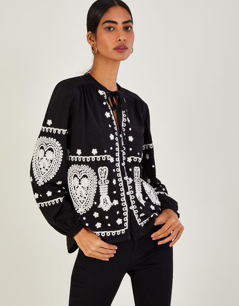 Embroidered Jersey Top in Sustainable Cotton Black, Black (BLACK), large