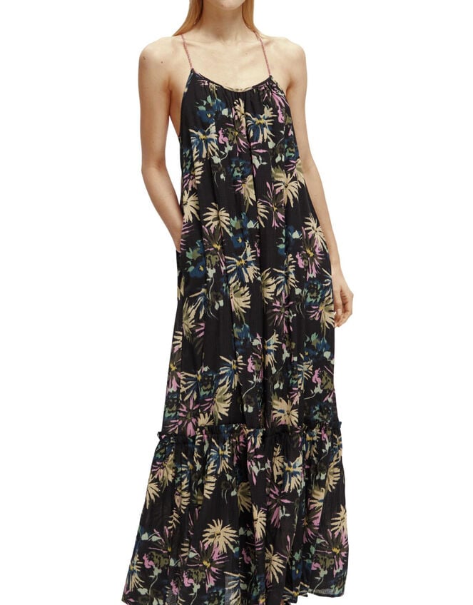Scotch and Soda Print Tiered Maxi Dress Regular Length, Black (BLACK), large