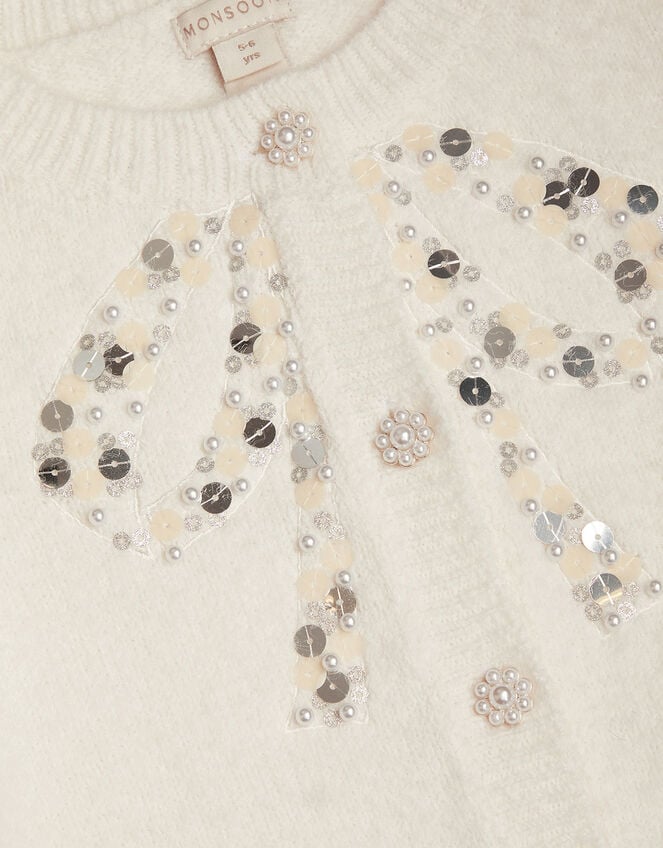 Bow Embellished Sequin Cardigan, Cream (CREAM), large