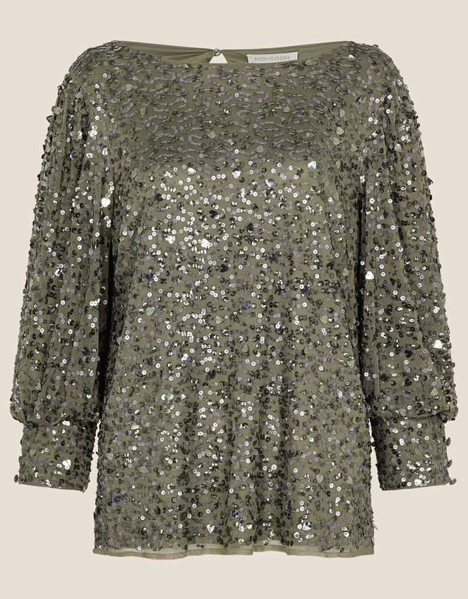 Dylan Sequin 3/4 Sleeve Top, Green (SAGE), large